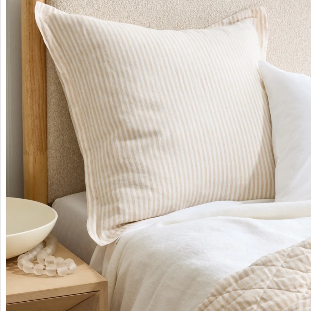 Quince European Linen Striped Euro Sham 20X20 Natural and White NWOT #26